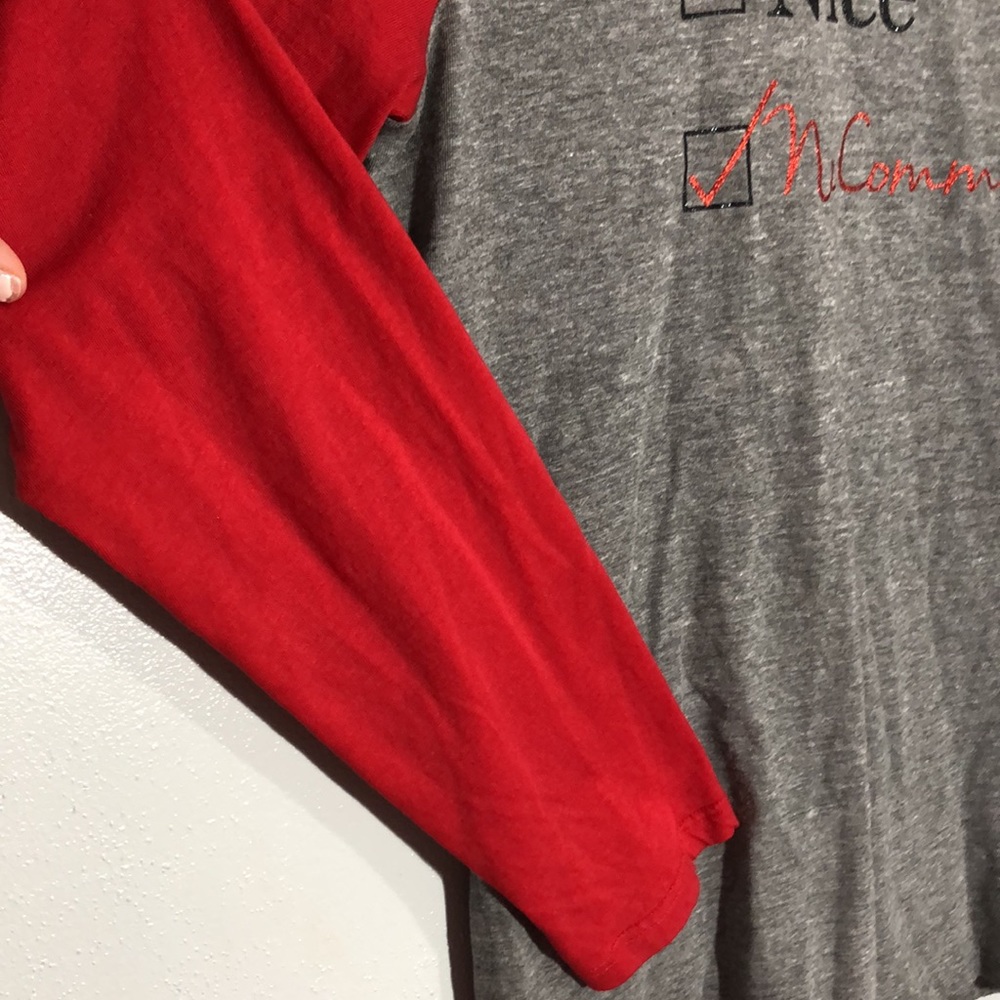 “Naughty, Nice, No Comment” Women’s Grey and Red Baseball Tee size M Christmas - Picture 6 of 12